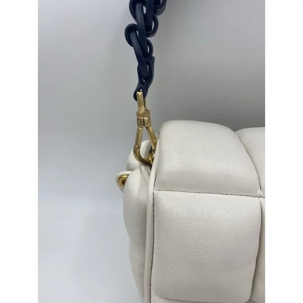 Kate Spade Boxxy Crossbody Bag East West Ivory Navy Blue Woven Puffy Leather